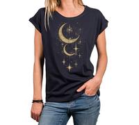 Makaya T-Shirt Femme Phases De Lune Vintage Occulte Gothique Culte Étoiles Top Motif Lune Astronomie Halloween Bleu M