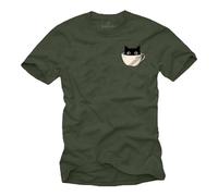 Makaya T-Shirt Homme Chat Drôle Cup Cat avec Motif Chat et Tasse de Café Tshirt Amusant Idée Cadeau pour Hommes Garçons Collègues Grandes Tailles Vert S