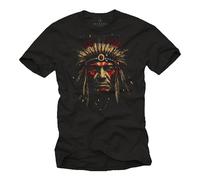 Makaya T-Shirt Indien Homme Chef Motif Indien Guerrier Amérindien Ornement Plumes Noir XXL