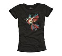 Makaya T-Shirt pour Femme avec Motif Oiseau Top Femme Colibri Imprimé Noir L