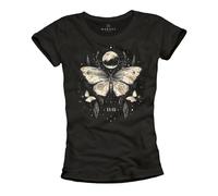 Makaya T-Shirt pour Femme avec Papillons 11:11 Motif Papillon Top D'Été Manches Courtes 100% Coton Motif Lune Noir M