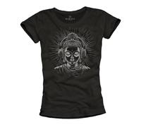 Makaya T-Shirt pour Femme Bouddha Casque Méditation Yoga Motif Top Femme Impression T-Shirt Musique Cadeaux Noir S