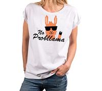 Makaya T-Shirt pour Femme Manches Courtes Imprimé - No Probllama Lama - Top avec Ecriture Drole Blanc M