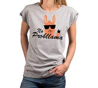 Makaya T-Shirt pour Femme Manches Courtes Imprimé - No Probllama Lama - Top avec Ecriture Drole Gris Clair L