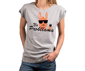 Makaya T-Shirt pour Femme Manches Courtes Imprimé - No Probllama Lama - Top avec Ecriture Drole Gris Clair S