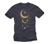 Makaya T-Shirt pour Homme avec Lune Et Étoiles Phase De Lune Ciel Nocturne Motif Astronomie Soleil Étoiles Bleu-Gris L