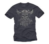 Makaya T-Shirt Viking pour Homme Crâne Viking Casque D'Odin Valhalla Walhalla Bleu-Gris S