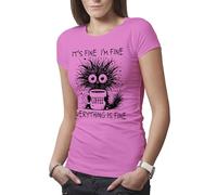 Makdi It's Fine I'm Fine Cat T-Shirt Rose pour Femme Size L