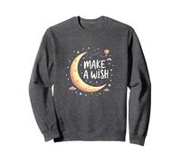 Make A Wish Lune, étoiles, Ciel Nocturne, Anniversaire Fille Sweatshirt, Unisexe pour Adultes, Chiné Foncé, XL