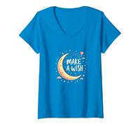 Make A Wish Lune, étoiles, Ciel Nocturne, Anniversaire Fille T-Shirt avec Col en V, Femme, Saphir, L