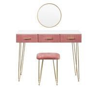 Make Ensemble de Coiffeuse avec Miroir Arrondi, 3 tiroirs coulissants, Table Maquillage Chambre Moderne et Tabouret rembourré for Femmes Filles Table de Maquillage(Pink)