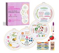 MAKEASY Kit Broderie Debutant, 4 Tissus à Broder avec Motif, Cercle Bambou et Outils de Point de Croix Complet, Embroidery Stitch Kit avec Instruction pour Débutants