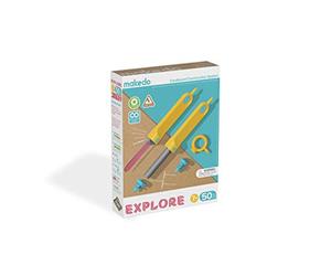 Makedo EXPLORE Boîte à outils - Outils de construction en carton pour enfants - Coffret d’outils de 50 pièces pour les enfants dans une petite boîte à outils - Kit polyvalent de construction de fleurs