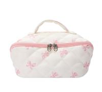 Makeup Bag - 8.46 inches Pink Bow Large Capacity Organizer for Travel, Daily Storage with Brush Holder Function, Cosmetic Pouch for School Office Luggage Toiletry Skin Care, PU Leather, Gift Use