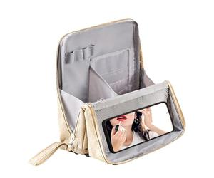 Makeup Bag, Brush Organizer, Waterproof Standing Case, Compartment Portable Storage Pouch, Zippered Travel Beauty Holder for Cosmetic, Mirror, Brushes, Toiletries, Home, Dorm, 9.06x8.66 inches