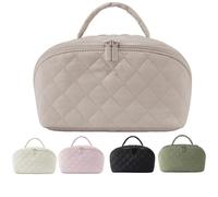 Makeup Bag for Woman, Wide Open Lay-Flat Cosmetic Case, Travel Toiletry Bag for Toiletries & Brushes Large Capacity with Compartments (Khaki)