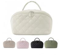 Makeup Bag for Woman, Wide Open Lay-Flat Cosmetic Case, Travel Toiletry Bag for Toiletries & Brushes Large Capacity with Compartments (White)