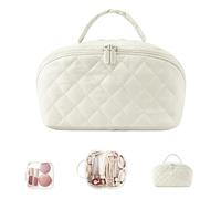 Makeup Bag - Leather Makeup Bag for Woman, 6 Colors, Open Flat Toiletry Bags with Divider and Handle, Waterproof Large Capacity (Off-White)