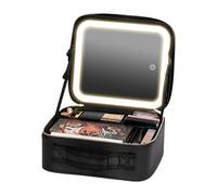 Makeup Bag Mirror, Lighted Travel Organizer, Leather Cosmetic Case with 3 Color LED Lighting, Rechargeable Makeup Bags with Zipper Compartments, Beauty Accessories, Travel Makeups Bag for Women