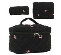 Makeup Bag Set, Cosmetic Pouch, Cosmetic Bags, Cotton Quilting Black Color 3-Piece Set Large Bag Size Medium Liner Bag Small Brush Bag Design Travel-Friendly for Women, Black