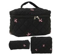 Makeup Bag Set - Quilted Cosmetic Bag | Travel Toiletry Bàg | 3-Piece Embroidered Bow Design, Large Capacity Cotton Quilted, Handheld Pouch for Vacation Business Trip, Black