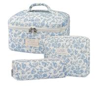 Makeup Bag - Toiletry Bags for Women | Cosmetic Bags | Floral Makeup Bag, 3X Cotton Quilted Makeup Bag, Cute Blue Floral Print, Makeup Pouch, Floral Makeup Bag for Women, Travel Toiletry Bag