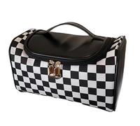 Makeup Bag, Waterproof PU Travel Cosmetic Case, Stylish Checkboard Plaid Organizer, Large Capacity Zipper Pouch with Handle for Brushes, Lipstick, Toiletries (Black/Brown)