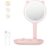 Makeup Mirror, 1x/5x Double-Sided Magnifying Mirror, 3 Light Colors, Adjustable Brightness, Usb Rechargeable, Ideal For Bedroom, Dressing Table, Pink