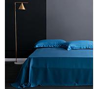 makeups58 100% Drap de lit en Soie de mûrier Draps Plats de Couleur Unie Literie en Soie véritable pour Drap de literie King Queen Size Textile à la Maison-Sapphire_Blue_240x250cm