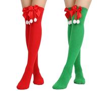 MAKFORT Collants résille de noël noir rouge cuisse haute dentelle collants bas Sexy sur les chaussettes au genou pour costume de noël（Rouge + Vert