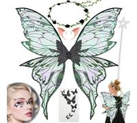 MAKFORT Costume d'Halloween Ailes de fée pour adultes et filles avec guirlande florale, cheveux de fée Tinsel, baguette et oreilles d'elfe Ailes de papillon d'organza pour la fête de cosplay