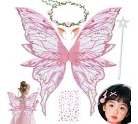 MAKFORT Costume d'Halloween Ailes de fée pour adultes et filles avec guirlande florale, cheveux de fée Tinsel, baguette et oreilles d'elfe Ailes de papillon d'organza pour la fête de cosplay
