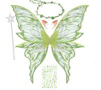 MAKFORT Costume d'Halloween Ailes de fée pour adultes et filles avec guirlande florale, cheveux de fée Tinsel, baguette et oreilles d'elfe Ailes de papillon d'organza pour la fête de cosplay