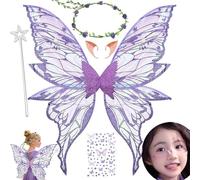 MAKFORT Costume d'Halloween Ailes de fée pour adultes et filles avec guirlande florale, cheveux de fée Tinsel, baguette et oreilles d'elfe Ailes de papillon d'organza pour la fête de cosplay