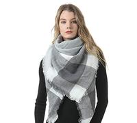 MAKFORT Écharpe pour femme - Automne - Hiver - Oversize - À carreaux - Avec franges - XXL - Rose gris bleu - 140 x 140 cm, gris, taille unique