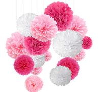 MAKFORT Pompon Rose Pompon Papier Soie Papier Fleur Pompon Boule à Suspendre 6",10",12" décor Mariage fête Anniversaire Happy Birthday Lot de 15 Rose