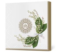 Maki Lot de 20 serviettes de table 3 plis en papier de soie pour première communion - 33 x 33 cm - Motif muguets et nœud avec cadre doré