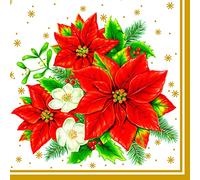 Maki Lot de 20 serviettes en papier de soie à découper 3 plis Motif bouquet de poinsettia Blanc 33 x 33 cm