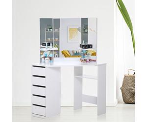 Makika Coiffeuse Table de Maquillage Grand Commode de Maquillage de Coin avec Miroir 5 Tiroirs 140 x 110 x 54 cm Cassette à Tiroir - Elle