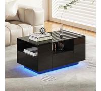 Makika Design Table LED Basse Table de Salon vec Tablette de Rangement et tiroirs - Banc TV Moderne pour téléviseurs Centre de Divertissement Salon Salle de Séjour Intérieur - Noir Brillant