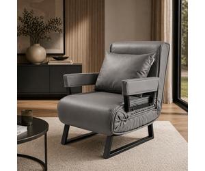 Makika Fauteuil Convertible Lit Rio Pliable revêtement synthétique 4en1 avec Accoudoirs - Dossier réglable 5 Positions - Oreiller Inclus - Jusqu'à 200 kg - Chauffeuse Salon Bureau Chambre en Gris