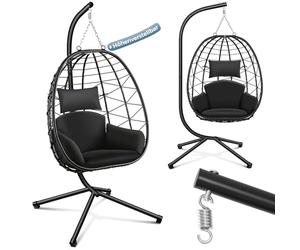 Makika Fauteuil Suspendu avec Armature Coussins pour l'intérieur et l'extérieur - Balançoire Suspendue Rotin Base Robuste Jusqu'à 150 kg Hauteur Réglable - pour Salon, Balcon, Terrasse en Noir