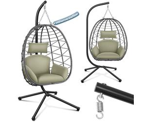 Makika Fauteuil Suspendu avec Armature Coussins pour l'intérieur et l'extérieur - Balançoire Suspendue Rotin Base Robuste Jusqu'à 150 kg Hauteur Réglable - pour Salon, Balcon, Terrasse en Vert/Gris