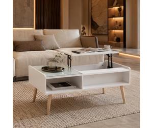 Makika Table de Salon avec Plateau Relevable pour Salon - avec Espace de Rangement caché Table Basse Table d'appoint - Table télé en Bois Meuble de Salon Table Commode - Blanc