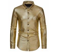 MakingDa Chemise habillée pour homme à imprimé losange bronzé, manches longues, boutonnée - Costume de fête disco années 70, doré, L