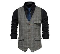MakingDa Gilet à carreaux pour homme - Sans manches - Col en V - En tweed - Style décontracté - Avec poche, gris, M