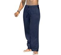 MakingDa Hombres Pantalones de algodón y Lino bolsillos Verano Casual ligero Cintura elástica Pantalones de Yoga Casual sueltos rectos Pantalones de Playa transpirables Pijama Bleu foncé 30 XL