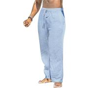MakingDa Hombres Pantalones de algodón y Lino bolsillos Verano Casual ligero Cintura elástica Pantalones de Yoga Casual sueltos rectos Pantalones de Playa transpirables Pijama Bleu 32 XXL