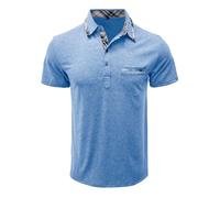 MakingDa Polo Homme Manches Courtes Carreau Poche sur la Poitrine Boutons Slim Fit L'été Golf Tennis Shirts Walking Sport Léger Retro Classique Casual Travail Essentiel Chemise Bleu XL