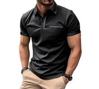 MakingDa Polos Homme Manches Courtes Fausses Poches Col en V Muscle Boutons Uni Été Elasthane Coupe ajustée Golf Coures Hauts pour Classique Doux Léger Décontracté Sportifs Ado T Shirt Noir XL